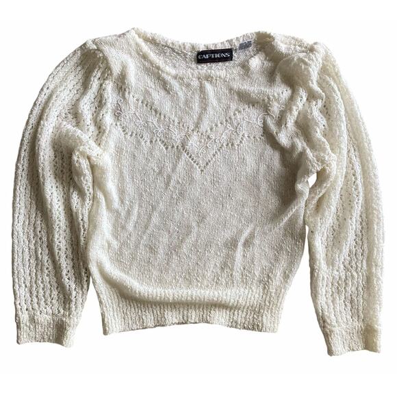 Vintage 70s 80s Boho Cottage Preppy Cream White Thin Knit Embroidered Sweater - Picture 7 of 8